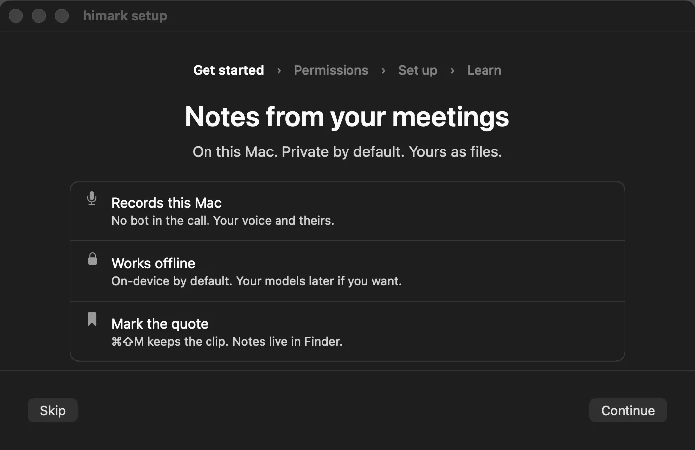 HiMark setup — local transcription, files, and summaries