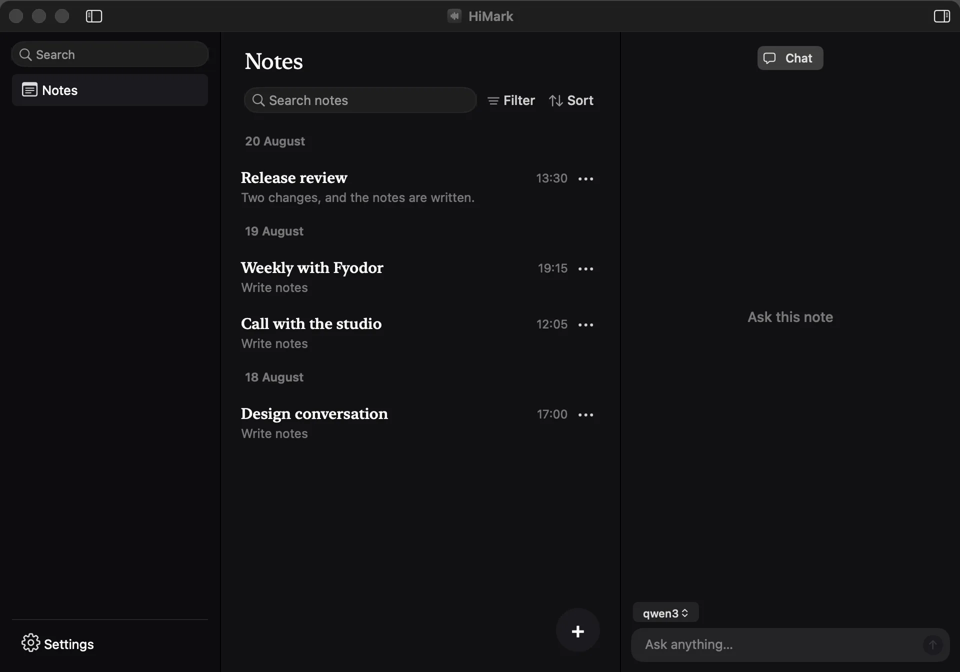 HiMark home — sidebar, notes list, and Ask inspector