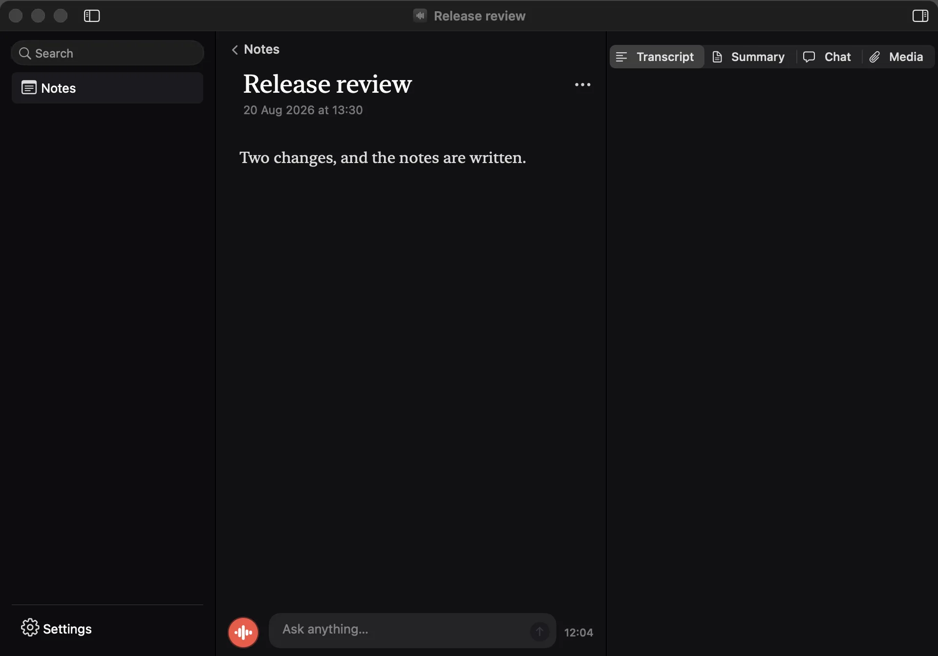 HiMark note — sidebar, notes body, transcript inspector, and record bar